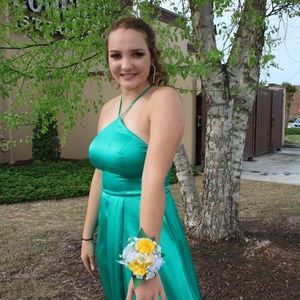 My Michelle sea green prom dress w/ pockets & slit